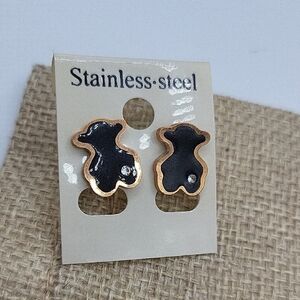 Rose Gold Stainless Steel Black Bear Earrings